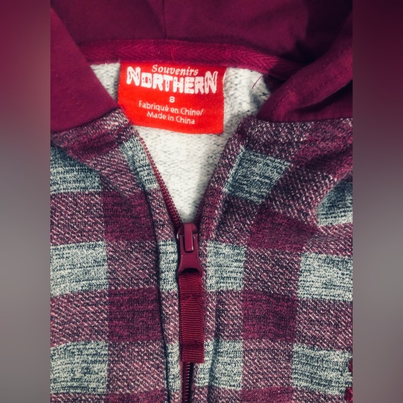 Souvenirs Northern Canada Moose Zip Up Hoodie Maroon Plaid Child Size 8 - Picture 5 of 11